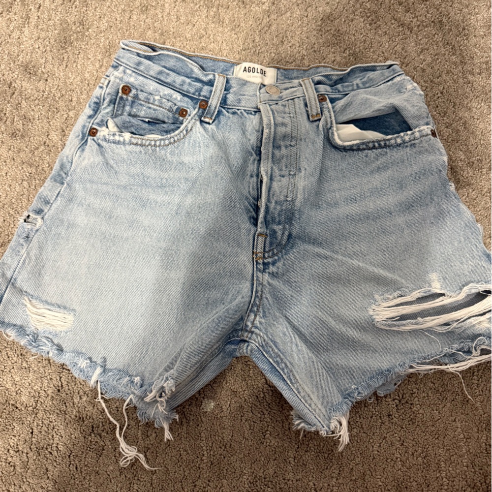 Agolde Light Blue Distressed Jean Shorts